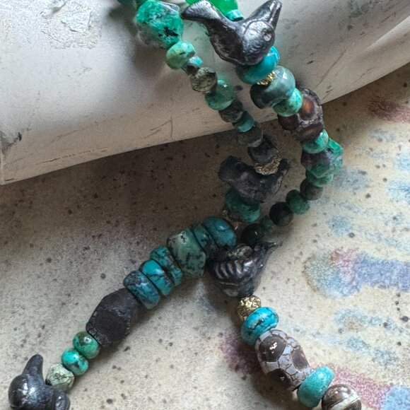 Bohemian OOAK Turquoise, Wood, Ceramic, Aventurine Statement Necklace - Picture 10 of 11